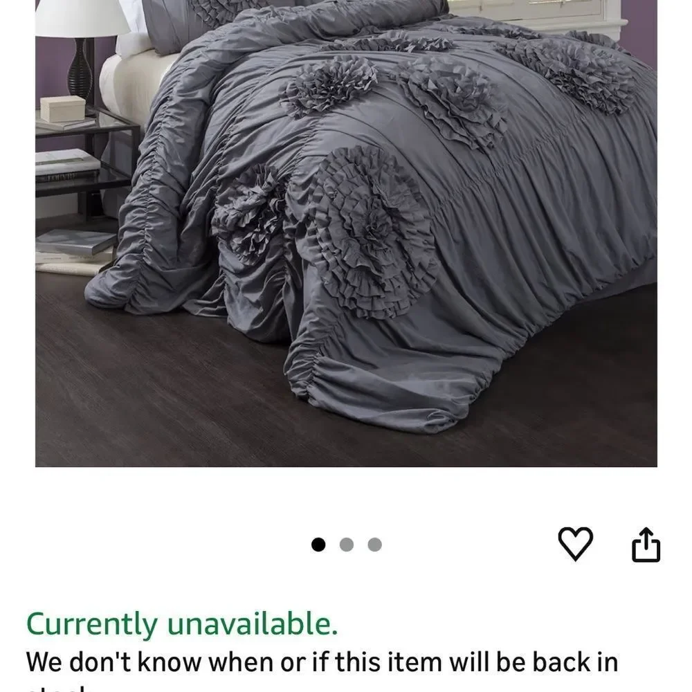 Lush Decor 3 piece Elegant Gray Ruffled Bedding Set- comforter & 2 sham cases